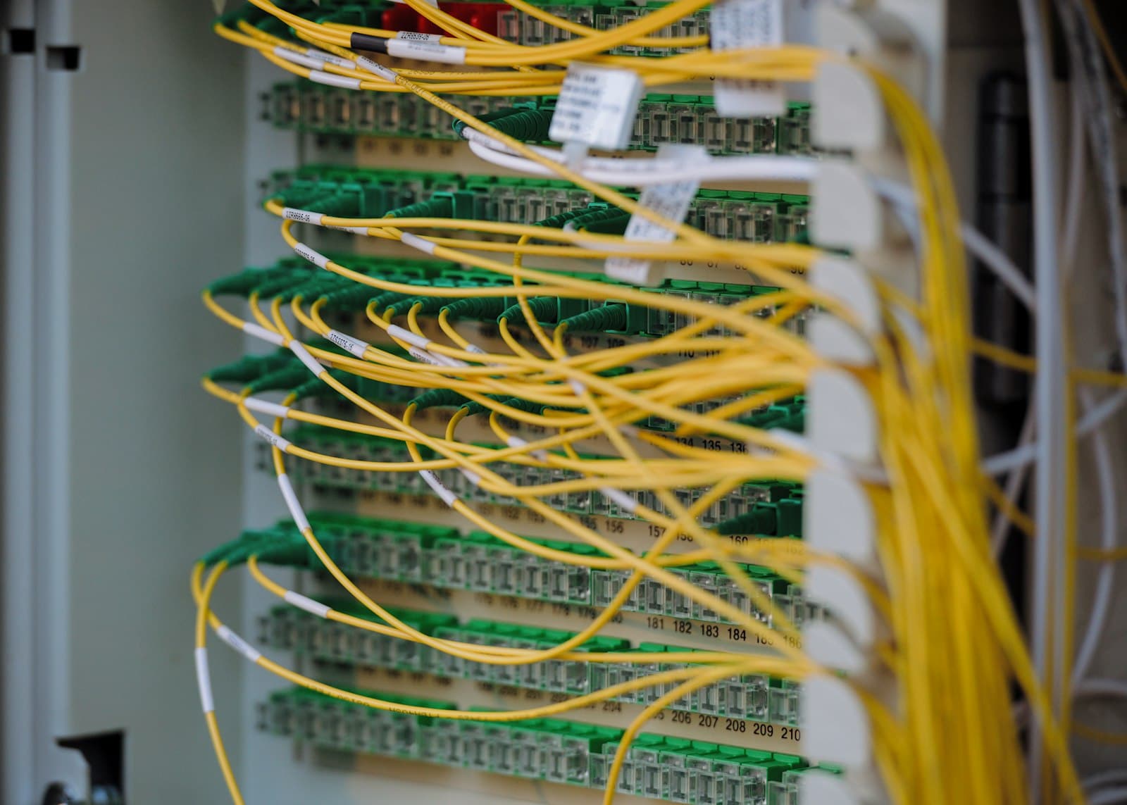 A rack of fibre optic server cables, representing the self hosted infrastructure behind self hosted ai memory